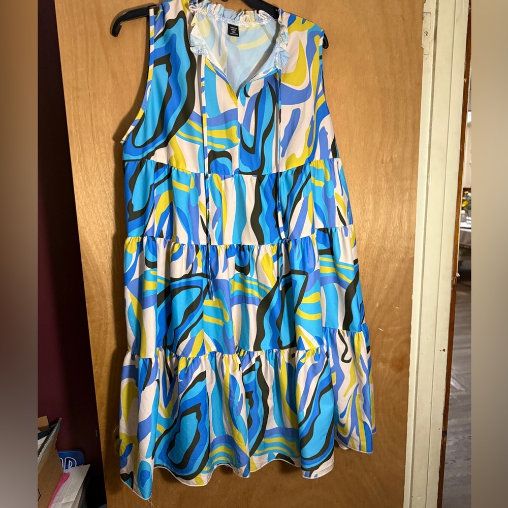 Blue and White Tiered Midi Sundress with Scoop Neck
